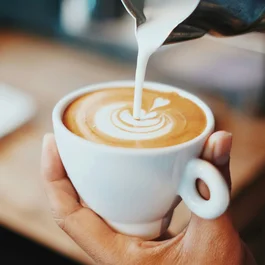 Hotel Regina Caserta · 4 stelle · A due passi dalla Reggia mano che tiene una tazza bianca mentre si versa latte nel caffè con arte latte